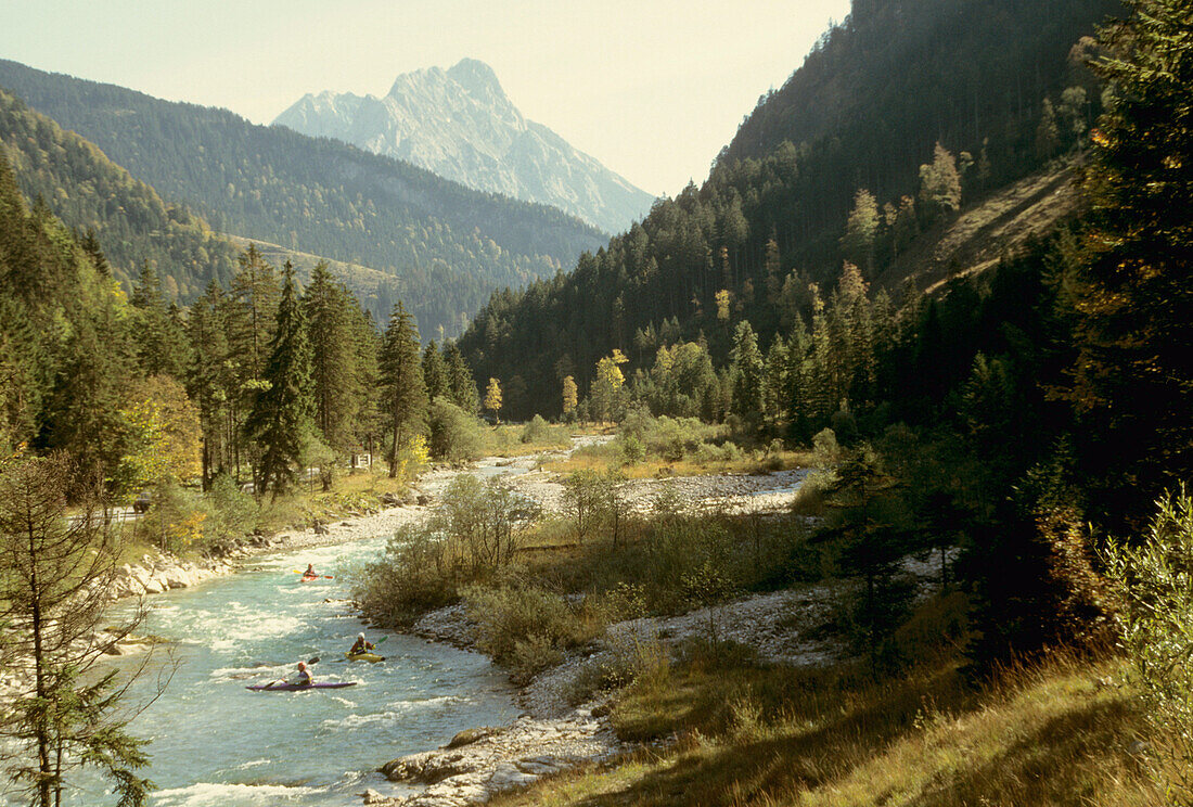 Riss stream meandering through mountain landscape, Ahornboden, Upper Bavaria, Bavaria, Germany