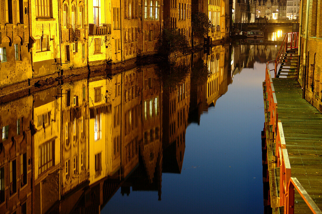 Old Town of Ghent at night, Reflection in the water, Flanders, Belgium