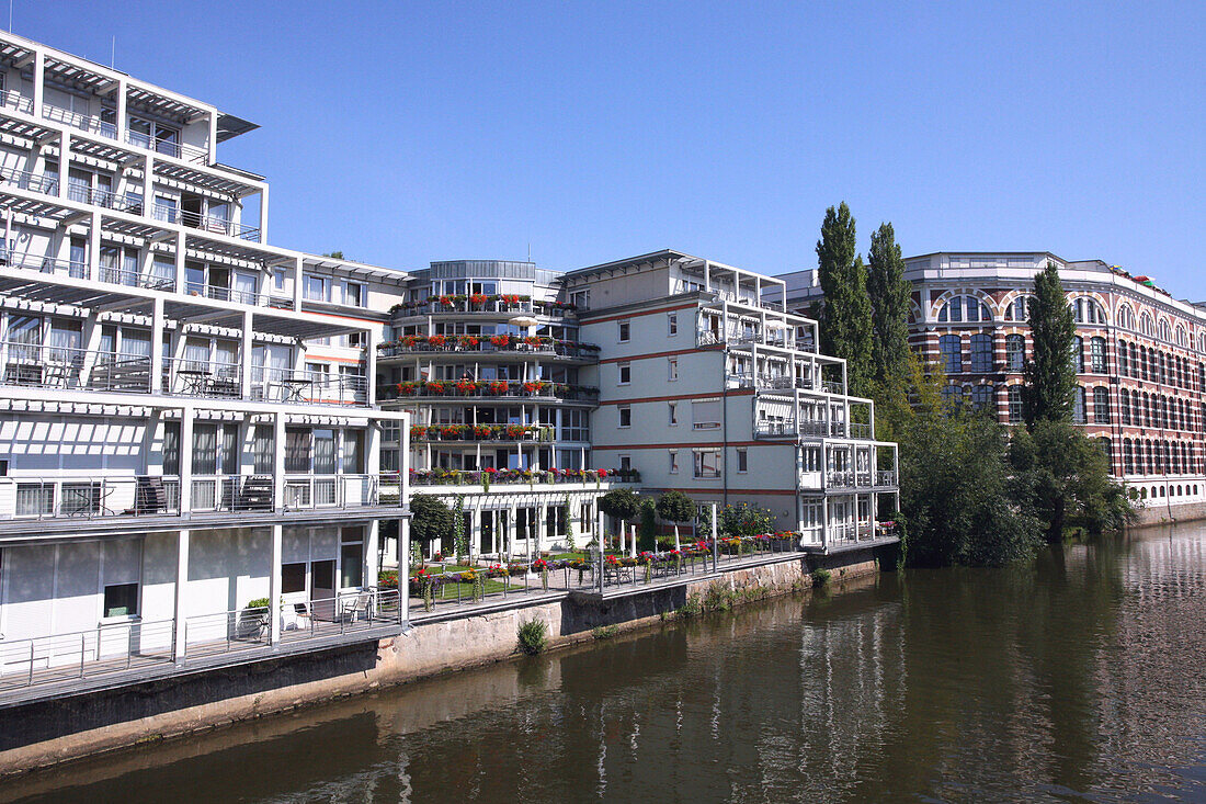 Modern residential buildings at Karl Heine Canal, Plagwitz, Leipzig, Saxony, Germany