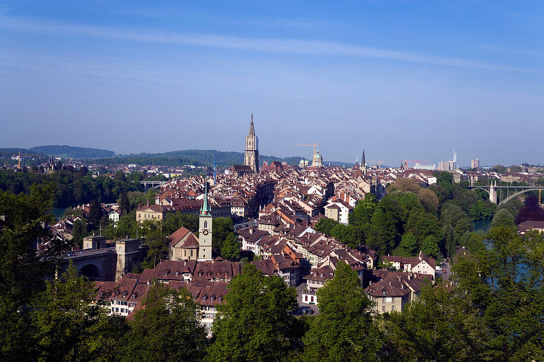 View of the Old City of Berne with Nydegg Church and Cathedral, Berner Münster in the background, Berne, Switzerland