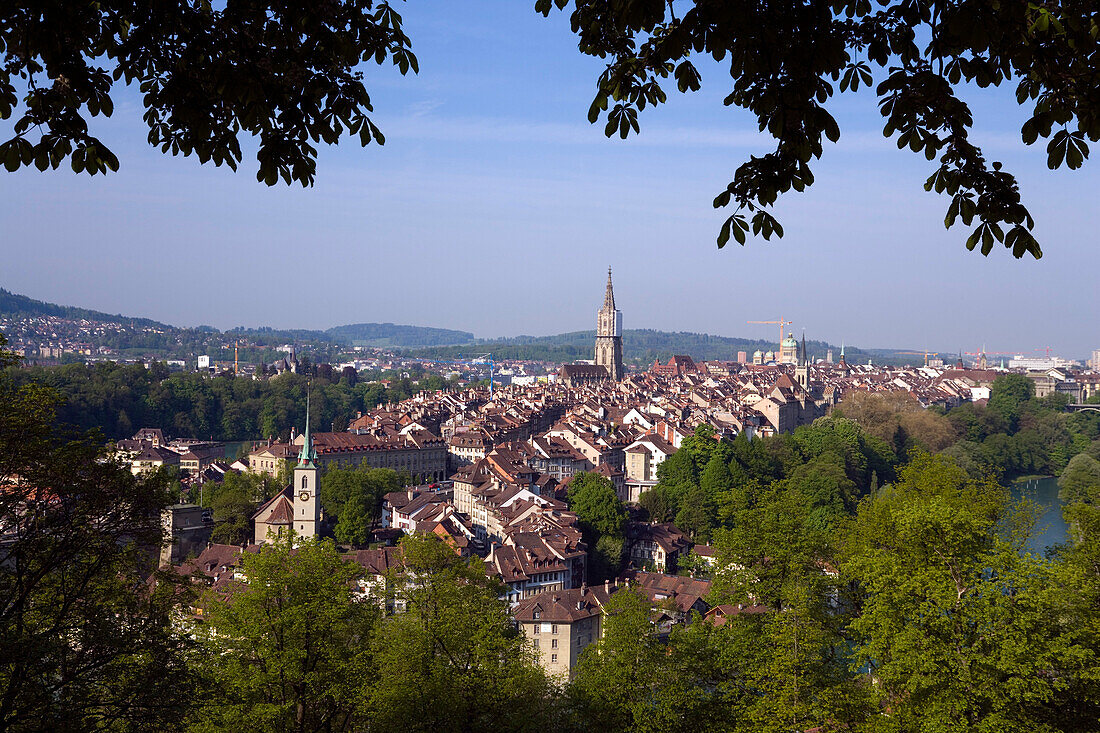 View of the Old City of Berne with Nydegg Church and Cathedral, Berner Münster in the background, Berne, Switzerland