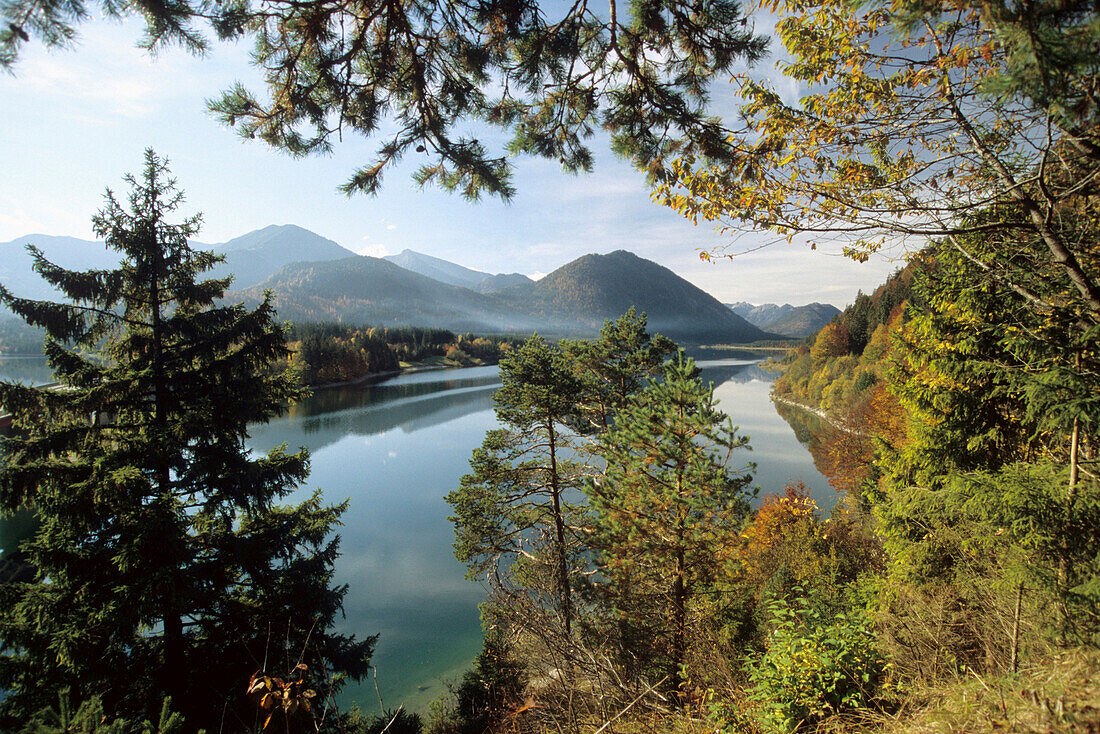 Blick über Sylvensteinspeicher See, Bayern, Deutschland
