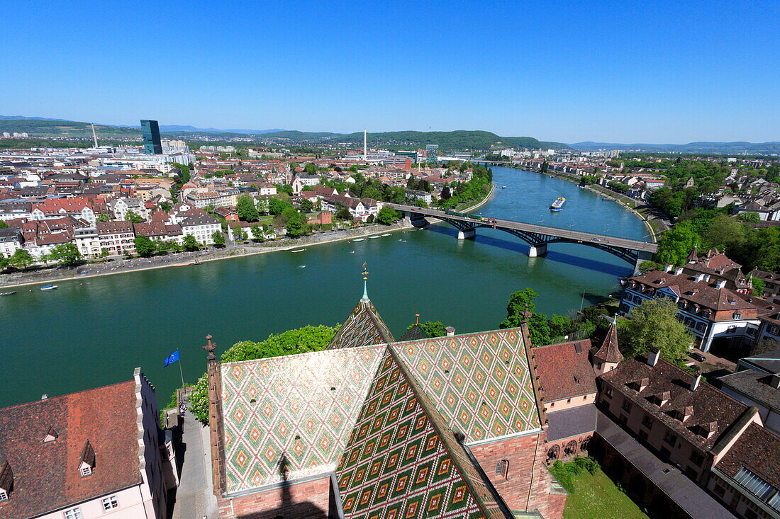 View of the Old City of Basel and bridge, Wettsteinbruecke, over the River Rhine, Klein-Basel, Basel, Switzerland