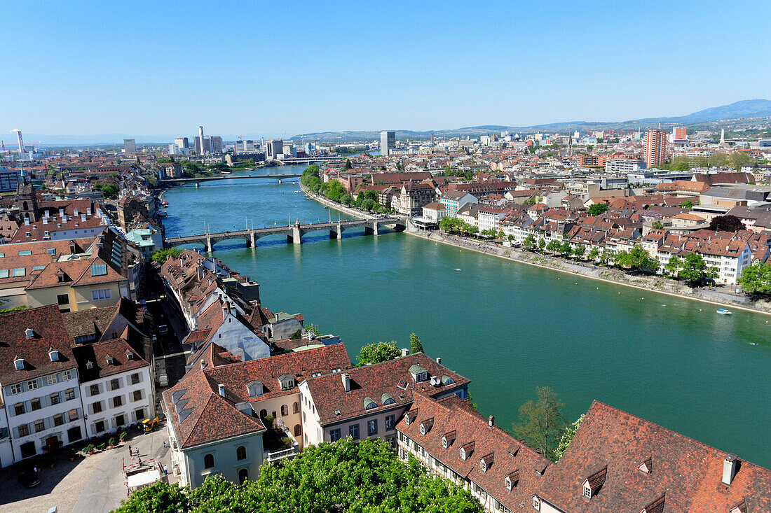 View of the Old town of Basel with River Rhine and bridge, Mittlere Rheinbruecke, Basel, Switzerland