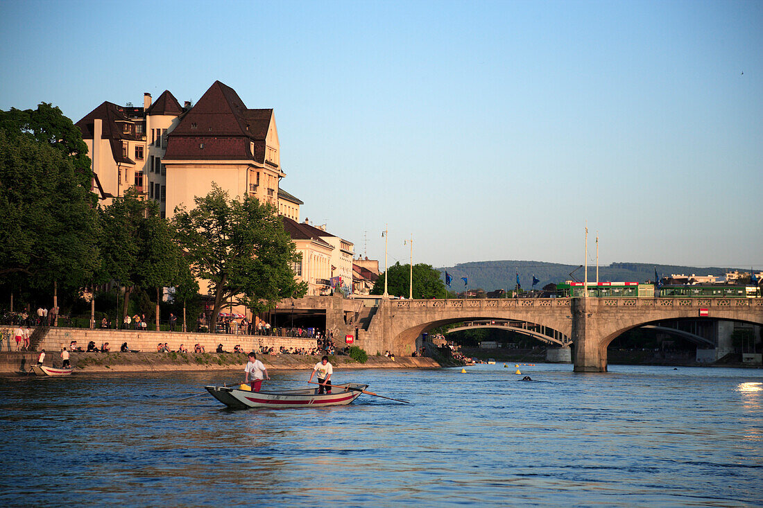 View of the Old City of Basel and bridge, Mittlere Rheinbrücke, over the River Rhine, Klein-Basel, Basel, Switzerland