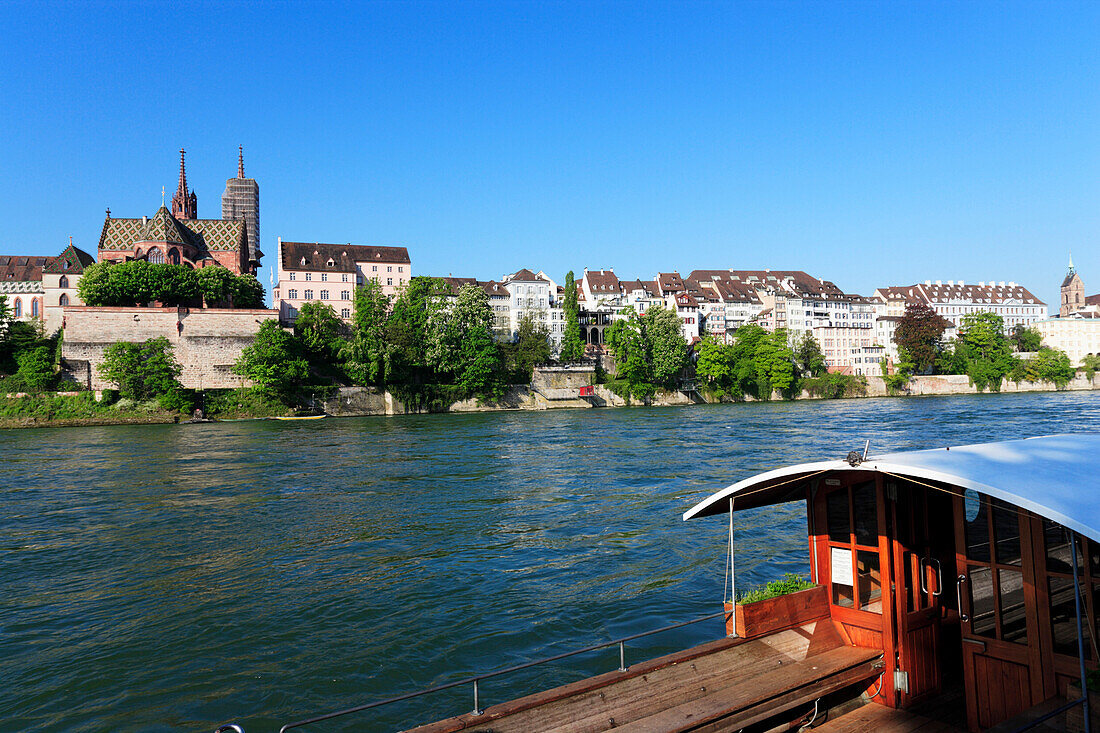 Passenger Ferry with cathedral, Basel Muenster in the background, Basel, Switzerland