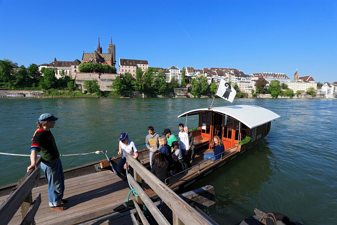 Passenger Ferry with cathedral, Basel Muenster in the background, Basel, Switzerland
