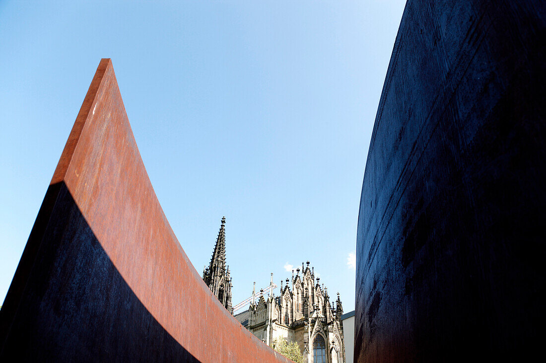 Church, Katharinenkirche pictured at Theaterplatz, with works of art from Richard Serra, Basel, Switzerland