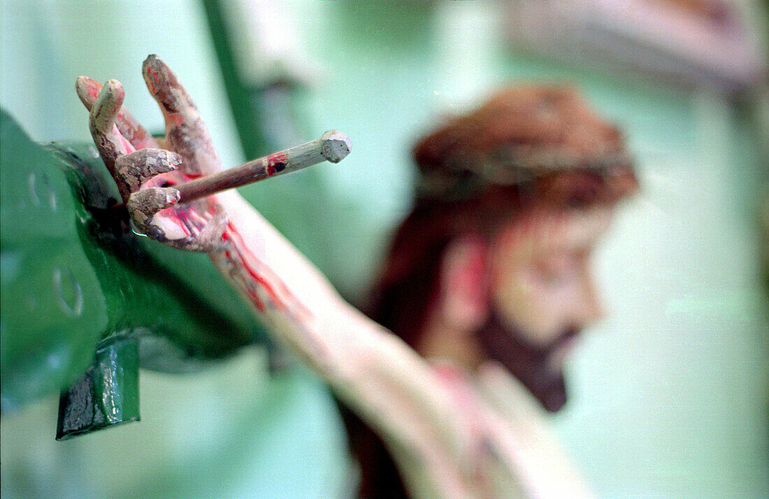  Christian, Christianity, Close up, Close-up, Closeup, Color, Colour, Concept, Concepts, Cross, Crosses, Crucifix, Crucifixes, Crucifixion, Detail, Details, Faith, Horizontal, Iconography, Indoor, Indoors, Inside, Interior, Jesus Christ, Nail, Nails, Pain