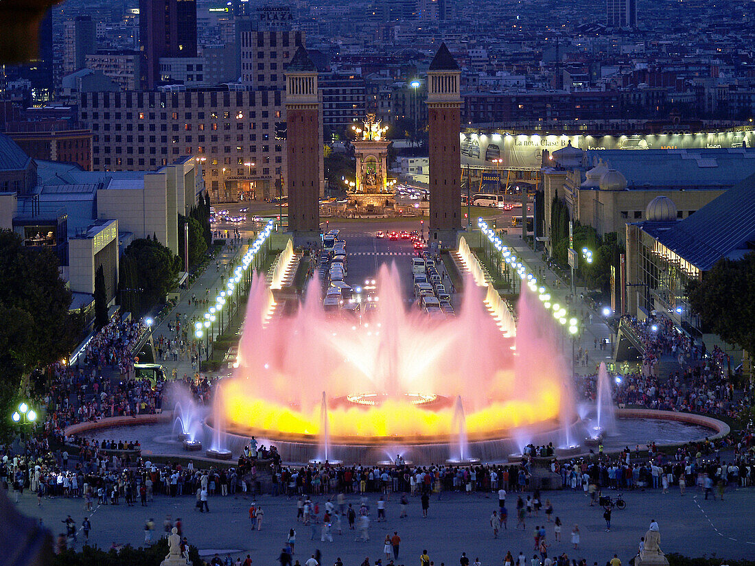 Plaça d Espanya seen from Montjuic magic fountains, Barcelona. Catalonia, Spain