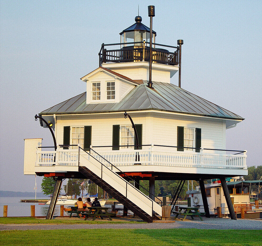 The fully restored 1879 Hooper Strait Lighthouse overlooking the Saint Michael s Harbor on the Chesepeake Bay in Maryland
