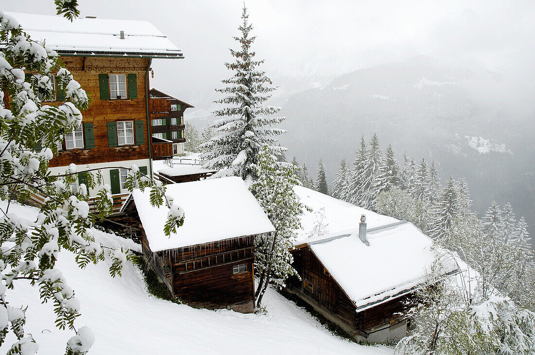 Winter scene in Murren in the Berner Oberland region of Switzerland.