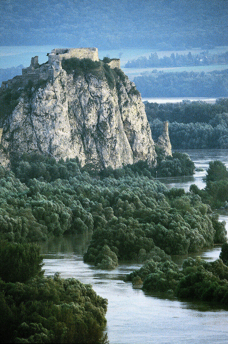 Devin Castle, flood in the point where the River Morava flows into the Danube, near Bratislava. August 2002. Slovakia