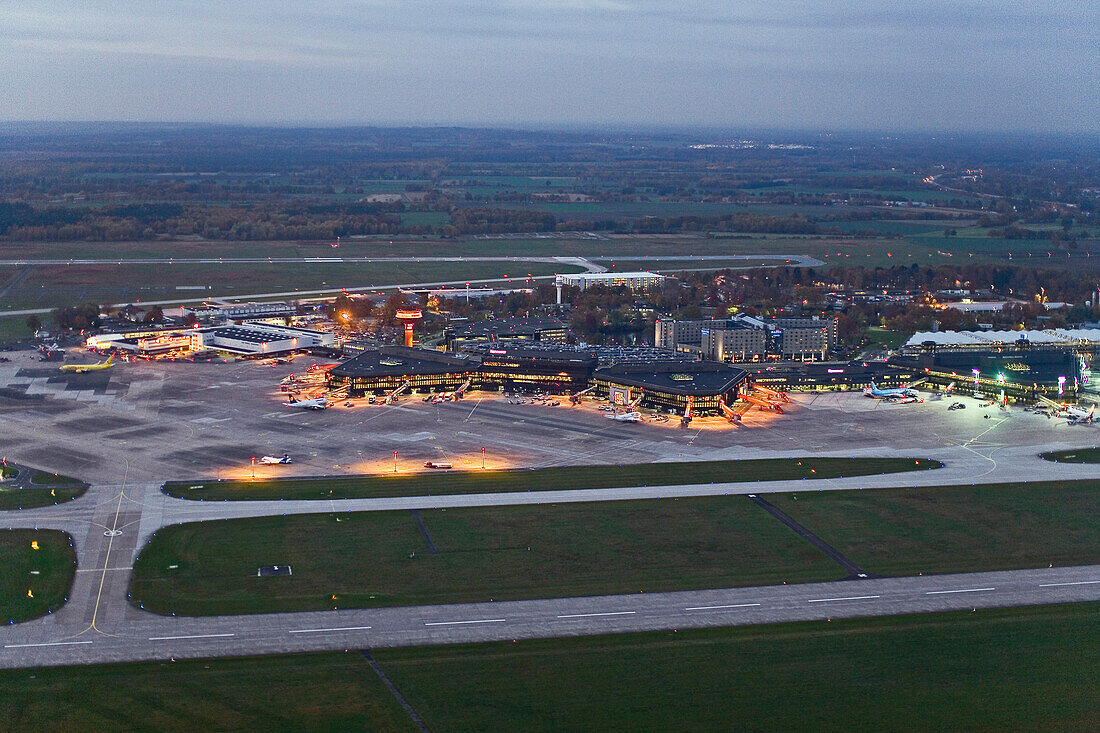 Aerial shot of Hanover/Langenhagen International Airport in the evening, Hanover, Lower Saxony, Germany