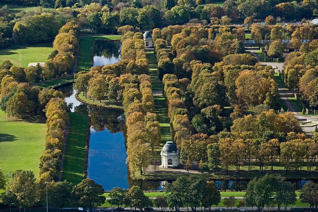 aerial panorama of the Great Garden Herrenhausen in Hanover, one of Europe's best preserved historic baroque gardens, Hanover, Lower Saxony, northern Germany