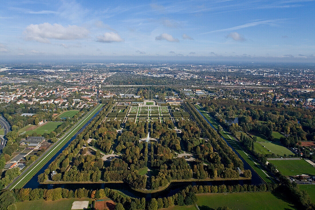 Aerial shot of of the Great Garden, Herrenhausen Gardens, Hanover, Lower Saxony, Germany