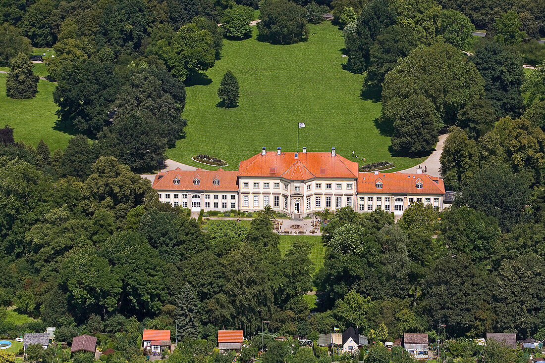 Aerial shot of the Wilhelm-Busch-Museum, Georgengarten, Herrenhausen Gardens, Hanover, Lower Saxony, Germany