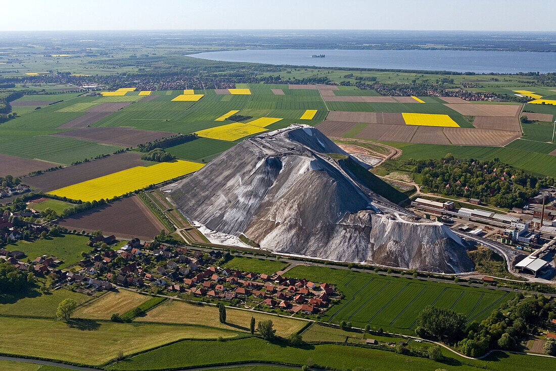 aerial view of potash heap Wunstorf, rapeseed fields, Hanover, Lower Saxony, northern germany