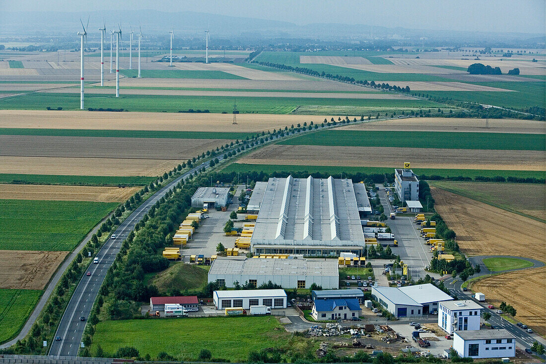 aerial view of the DHL depot of the German Post, Pattensen, Lower Saxony, northern Germany