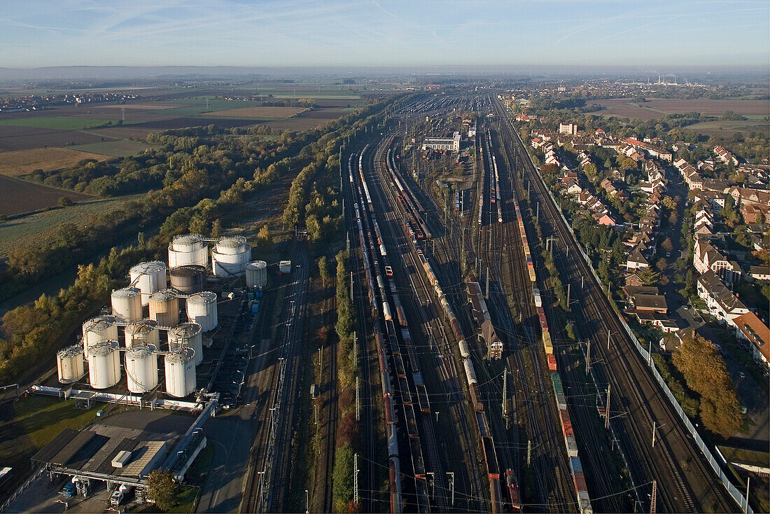 Aerial shot of track system with freight trains, Seelze, Lower Saxony, Germany
