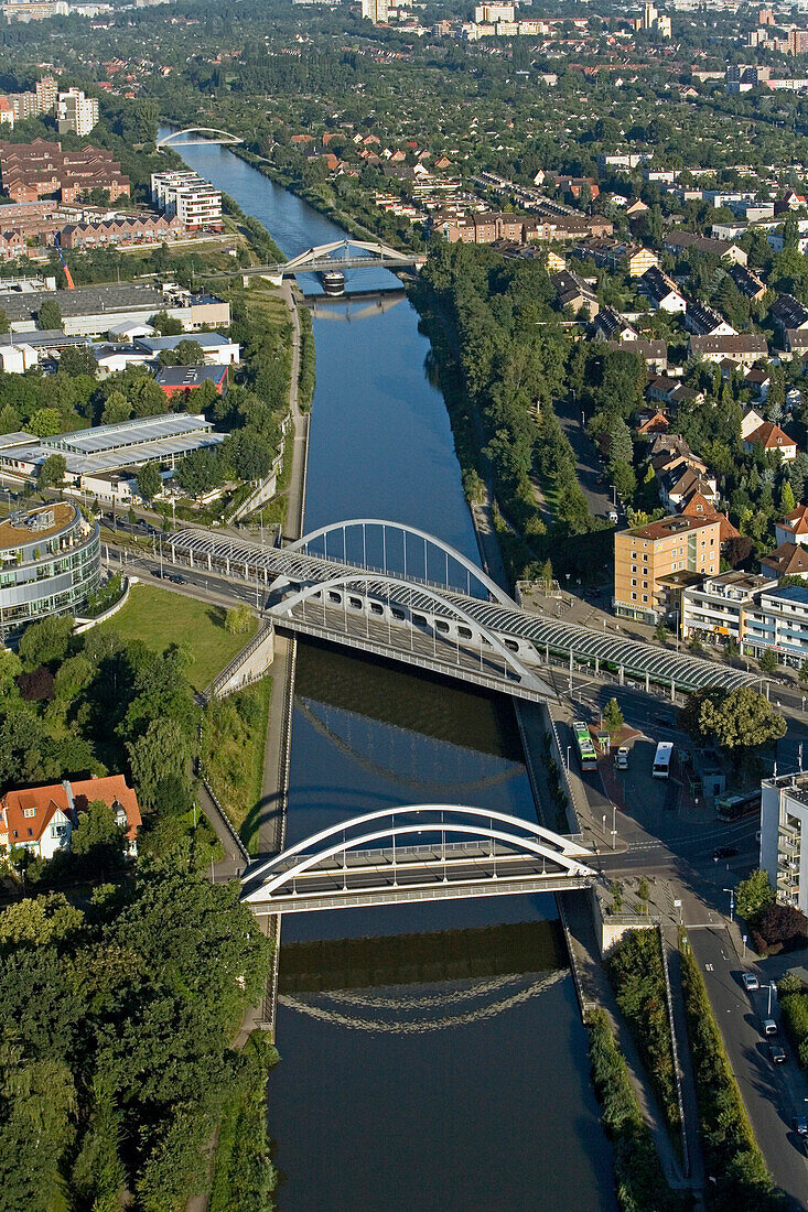 aerial view of road bridges over Mittelland Canal, Midland Canal, in Hanover, Lower Saxony, northern Germany