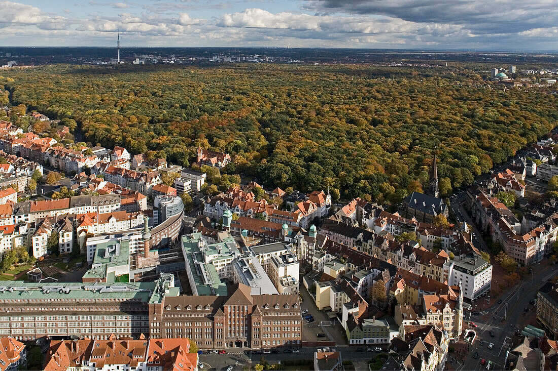 aerial view of Eilenriede city forest and the List and Oststadt neighbourhoods, Bahlsen biscuit buildingHanover, Lower Saxony, Germany