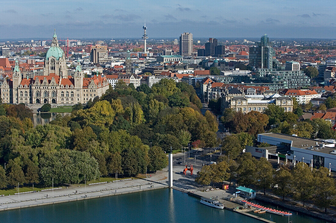 aerial panorama of Hanover city centre and New Town Hall, Maschsee Lake and Sprengel Museum, Lower Saxony Germany