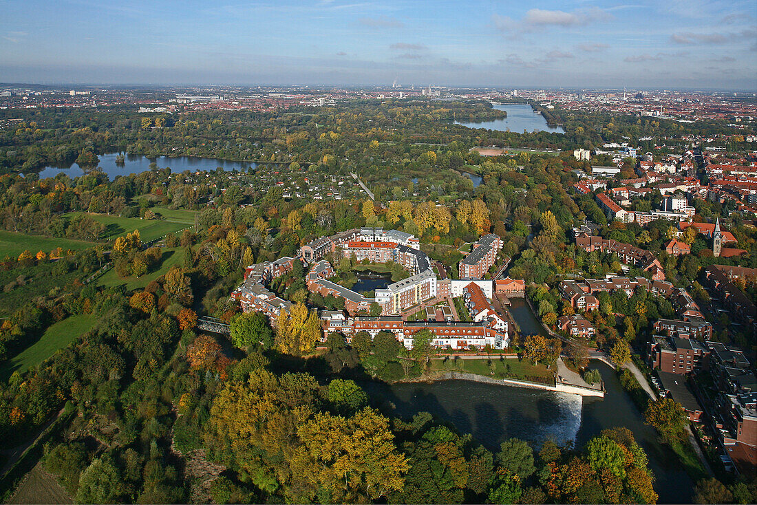 Aerial shot residential area on island in river Leine, Hanover, Lower Saxony, Germany