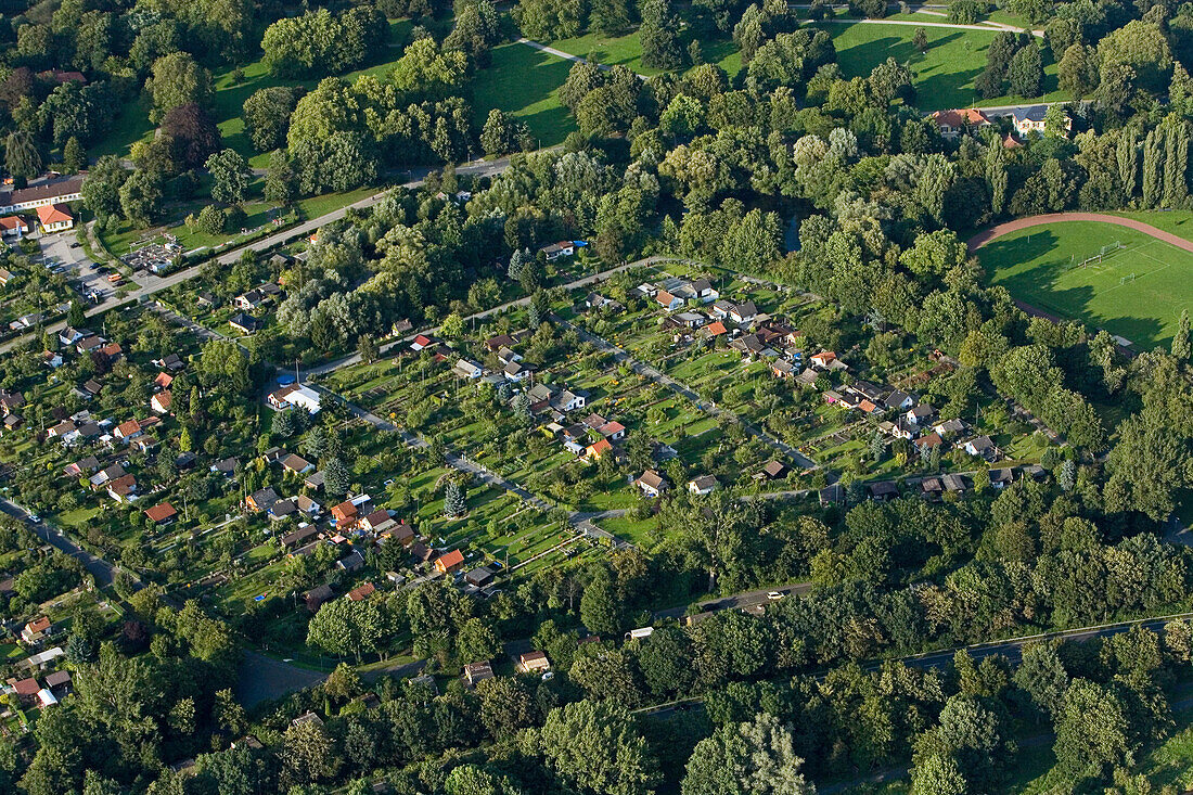aerial overhead view of small allotment gardens or Schrebergärten in Hanover, Lower Saxony, northern Germany
