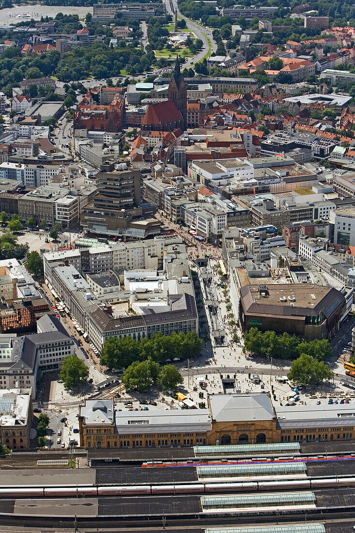 View over Hanover with central station and Marktkirche, Lower Saxony, Germany