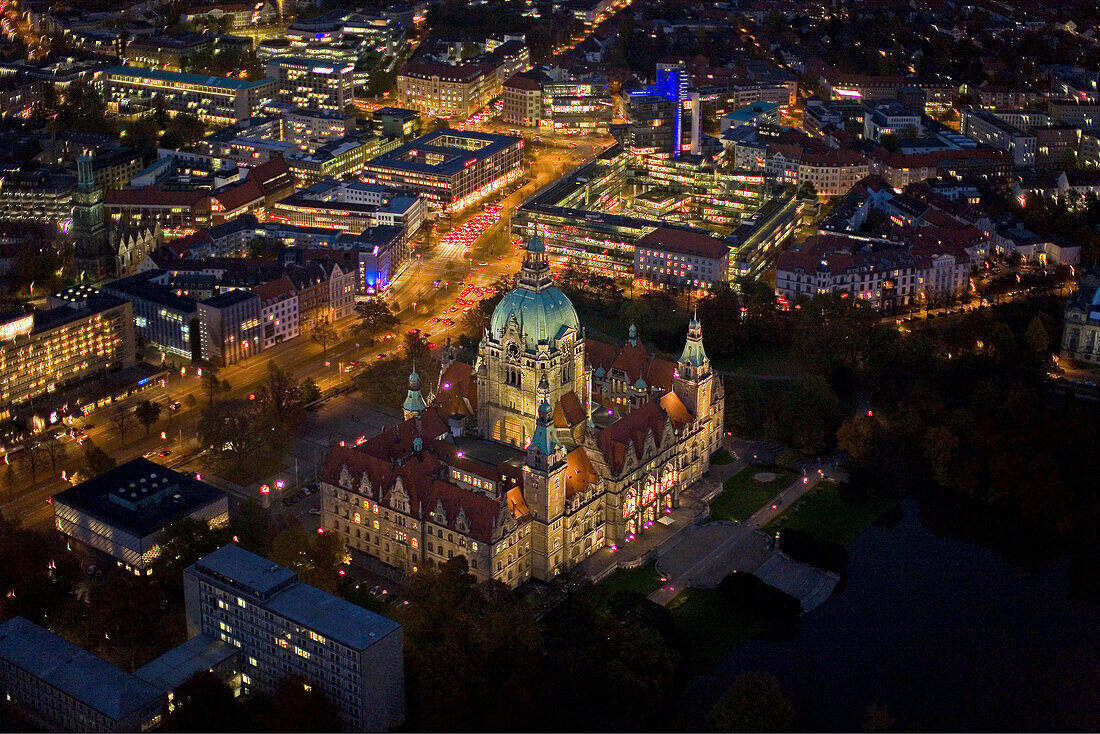 night aerial shot, New Town Hall,  Hanover city centre, Hanover, Lower Saxony