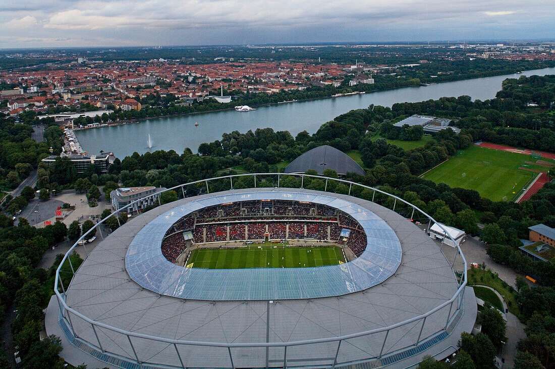 aerial panorama of Hanover and the AWD Arena next to Maschsee Lake, Lower Saxony Germany