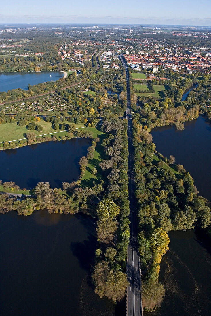 aerial view of the Südschnellweg a causeway across the Rickling ponds, Hanover, Lower Saxony, northern Germany