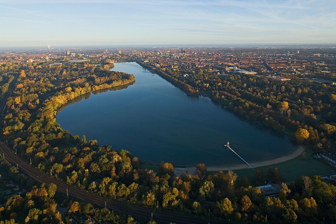 Aerial shot of lake Maschsee, Hanover, Lower Saxony, Germany