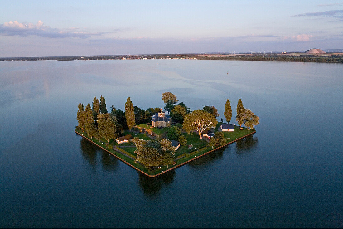 Aerial shot of Wilhelmstein Island with fortress, Steinhude lake, Lower Saxony, Germany