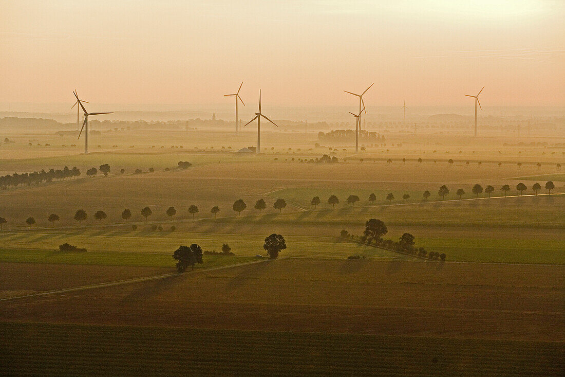Wind turbines in evening light, Lower Saxony, Germany