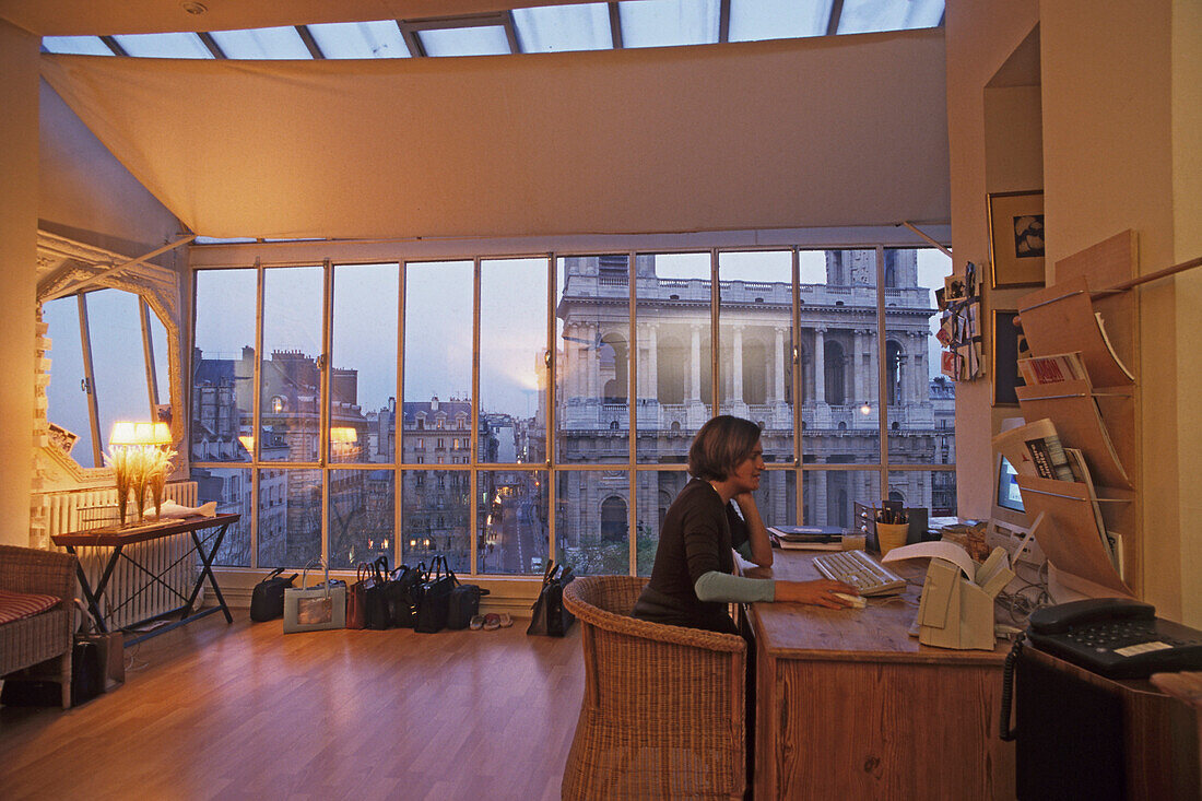 Designer, Aurelie Tournier in her office, Place Saint Sulpice, Paris, France