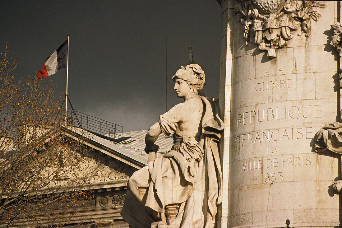 View at the socle of the Statue of the Republic under grey clouds, Place de la Republique, 3. Arrondissement, Paris, France, Europe