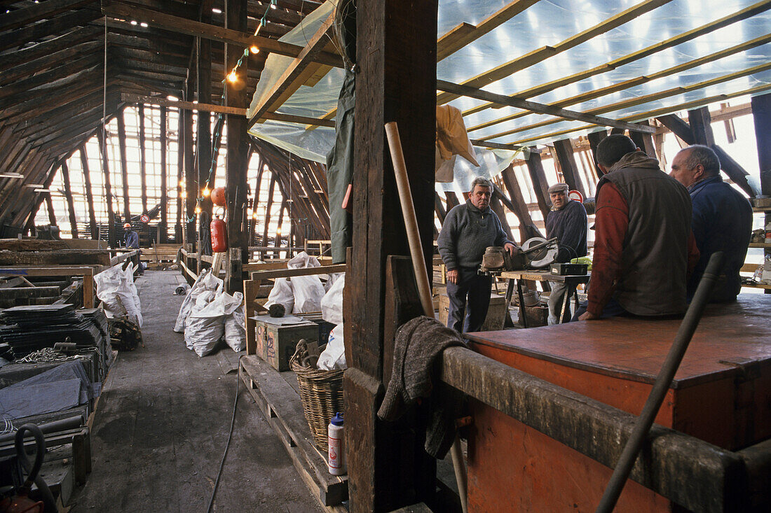 Carpenters and roof workers restoring the church roof framework of Saint Eustache, Paris, France, Europe