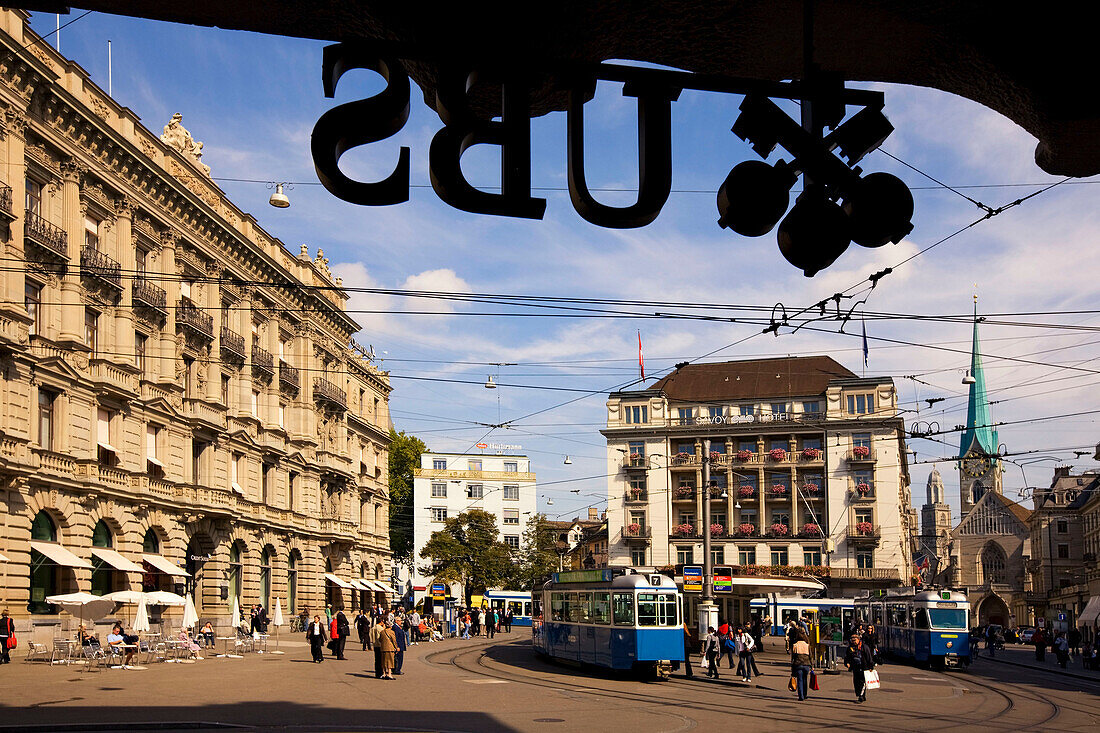 Switzerland, Zurich, Paradeplatz, UBS Logo, Credit Suisse, Tram