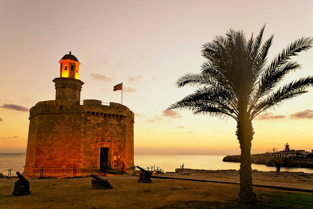 Spain Menorca Mahon Ciutadella Castle St. Nicholas watchtower at sunset