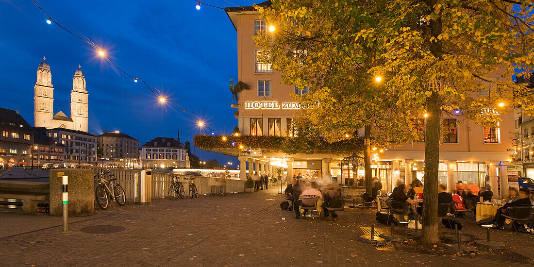 Switzerland, Zurich, old town center, Grossmunster,  Hotel Storchen street Cafe