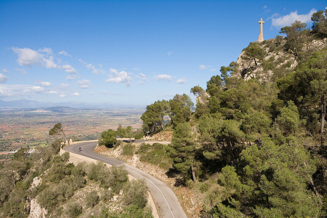 Serpentine Road to Castell de Santueri and Cross at Ermita de San Salvador, Near Felanitx, Mallorca, Balearic Islands, Spain