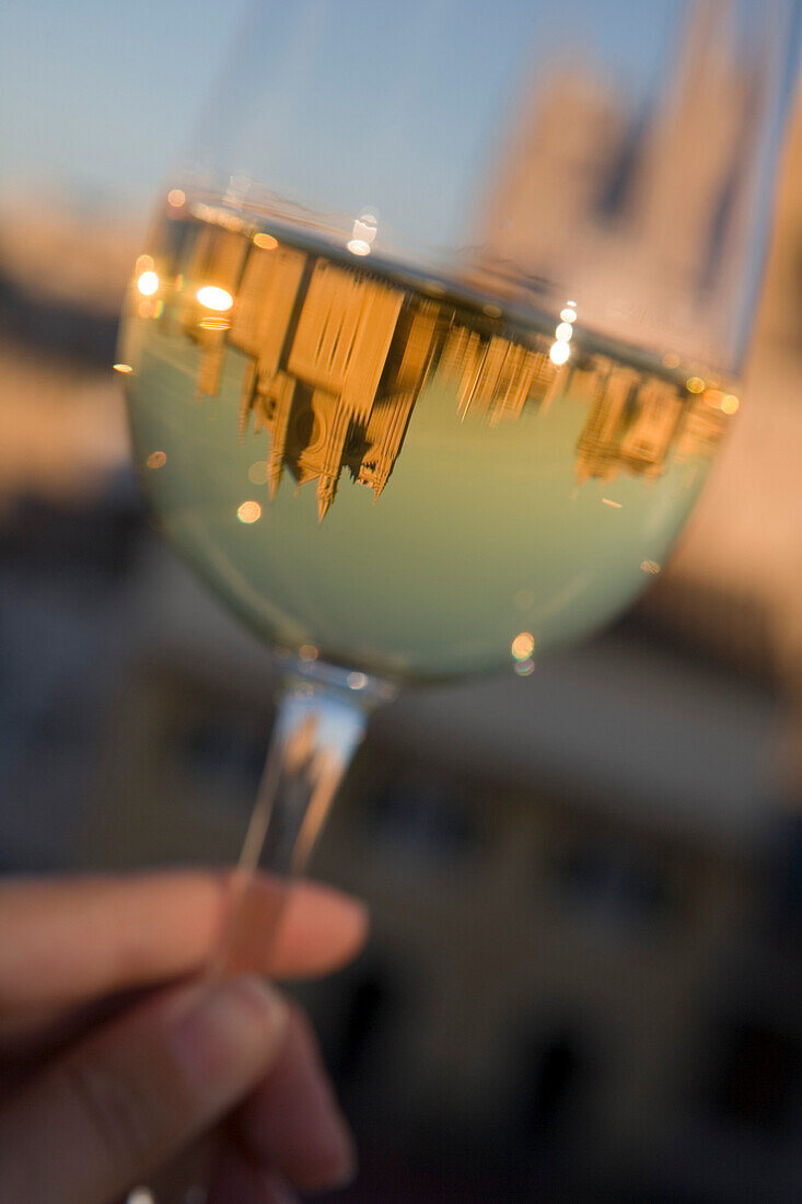 Wineglass Reflection of La Seu Palma Cathedral, View from Hotel Tres Rooftop, Palma, Mallorca, Balearic Islands, Spain