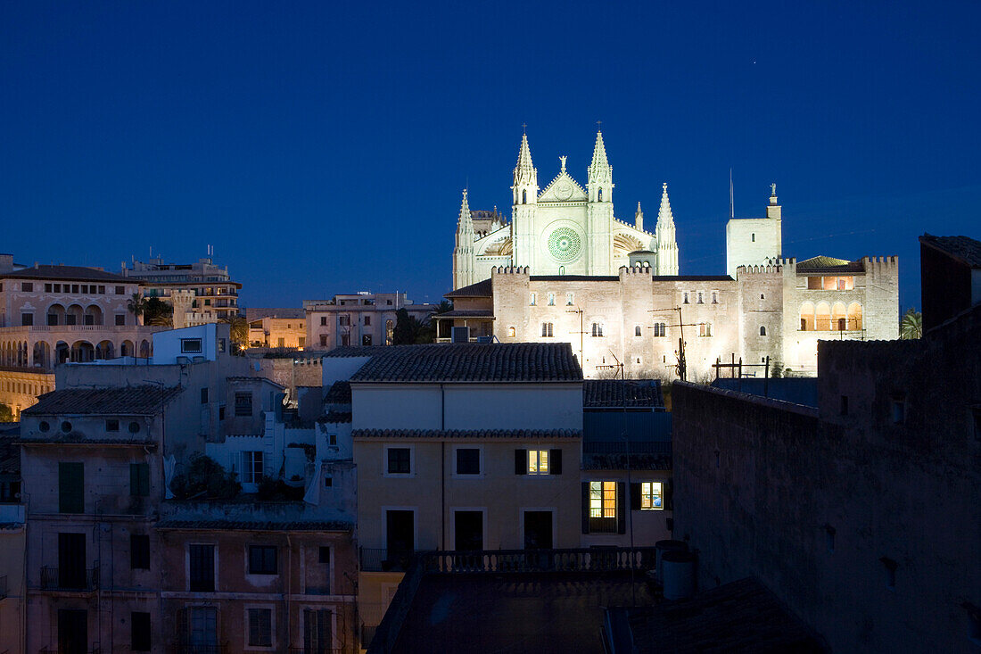 Nachtaufnahme von beleuchteter La Seu Kathedrale, Blick von Dachterrasse des Hotel Tres, Palma, Mallorca, Balearen, Spanien, Europa
