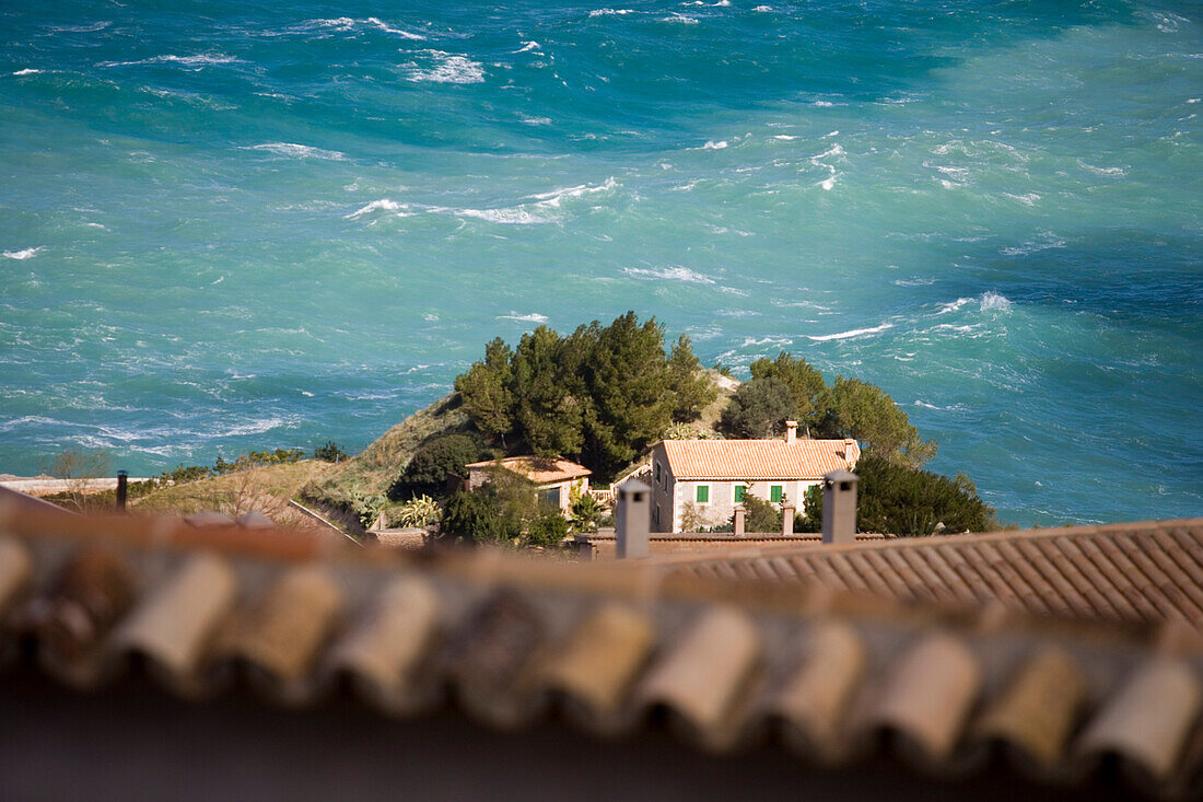 Rooftops and Stormy Sea, View from Son Borguny Hotel d'Interior, Banyalbufar, Mallorca, Balearic Islands, Spain