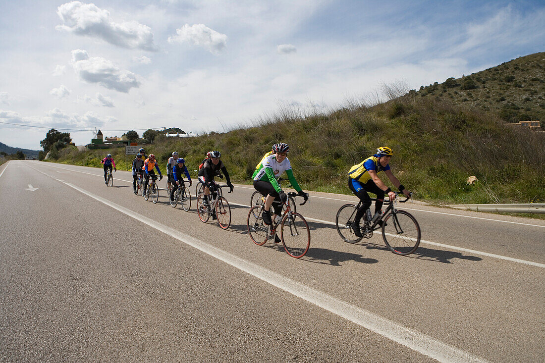 Cyclists on Road, Near Son Servera, Mallorca, Balearic Islands, Spain