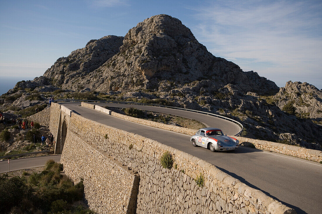 1963 Porsche 356 C on Bowtie Curve of Sa Calobra Mountain Road, Rally Classico Isla Mallorca, near Cala de Sa Calobra, Mallorca, Balearic Islands, Spain