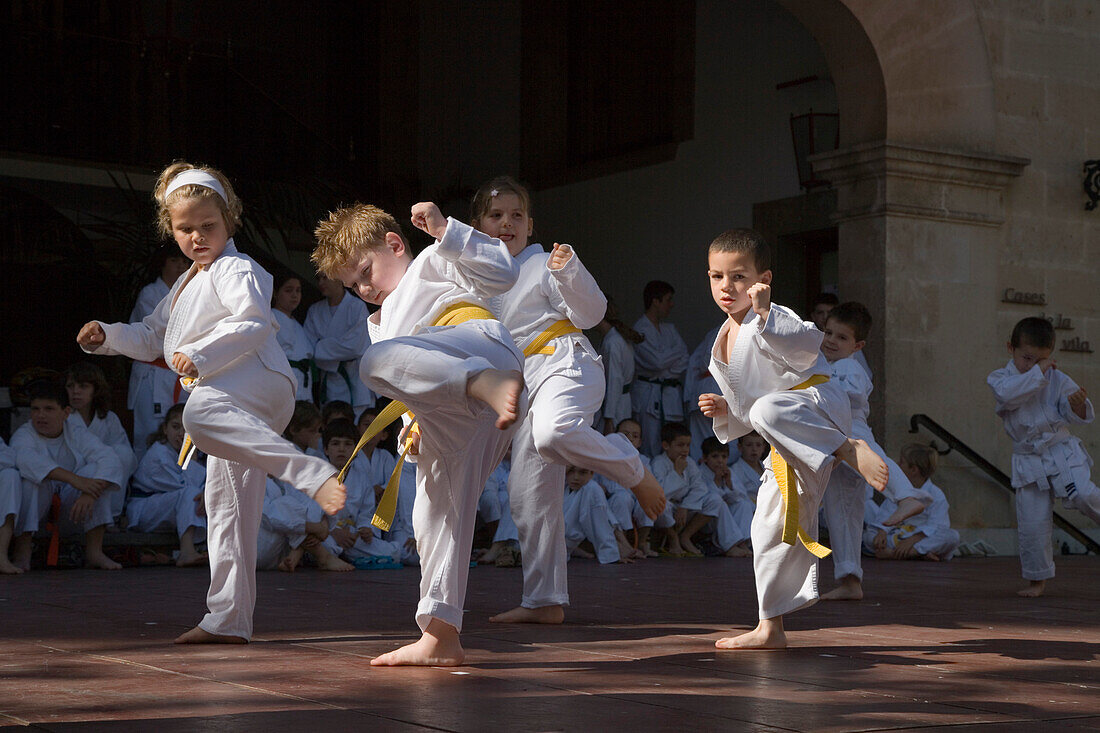 Children Displaying Martial Arts at Soller Plaza, Soller, Mallorca, Balearic Islands, Spain