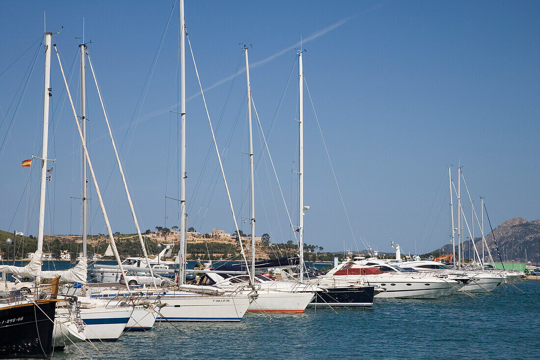 Sailboats at Port de Pollensa Marina, Port de Pollensa, Mallorca, Balearic Islands, Spain